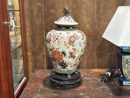 Oriental Imari-style ceramic lidded vase with metal mounts