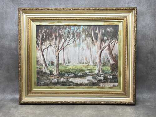 Harry J. Reid, Australian landscape with sheep. Oil painting on board