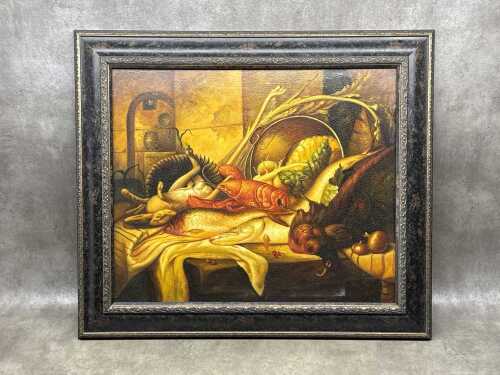 Artist unknown, still life with lobster. Oil painting on canvas