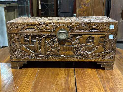 Chinese carved camphor wood chest