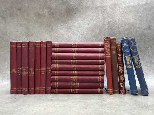 Books, including George Meredith's set of 16 volumes