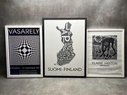 Three framed black-and-white graphic prints