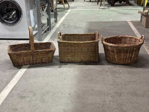 Three vintage woven cane baskets