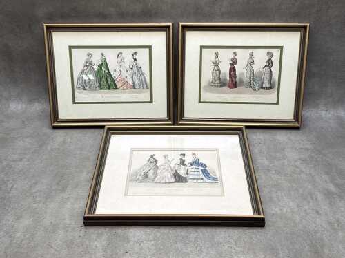 Three late 19th century 'History of Fashion' hand coloured etchings