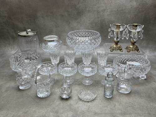 Crystal items including Royal Doulton rose arranger, Orrefors scent perfume bottle, candlesticks, etc.
