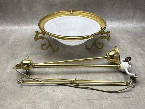 Brass and white glass oyster pendant light. As new, never used.