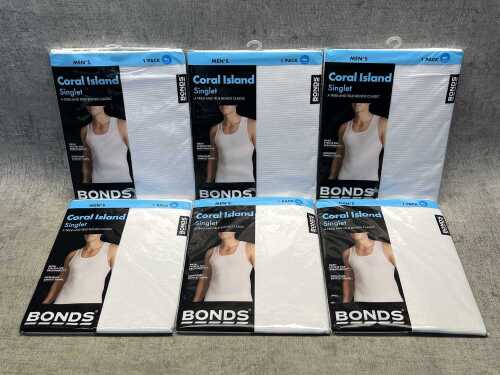 Six packs of Bonds Coral Island singlets size 18/L