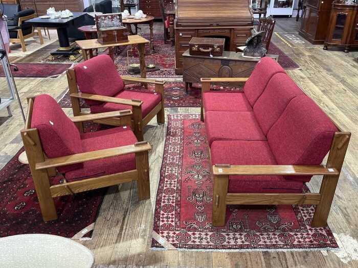 Mid-century oak three piece lounge suite