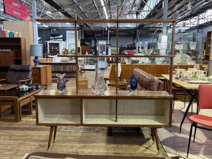 Mid-century pine and blackwood room divider shelving unit