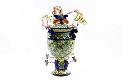 Catherine Lane, Diver's Urn, 1991. Ceramic urn with sprung sculptural divers, snakes and fish