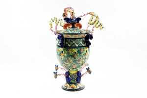 Catherine Lane, Diver's Urn, 1991. Ceramic urn with sprung sculptural divers, snakes and fish