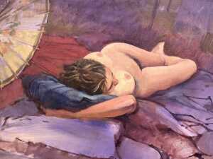 Roz McQuillan, Sleeping Nude with Parasol. Oil painting on canvas - 2