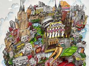 Charles Fazzino (1955-), The Apple-ly in the Centre of it All!, 130/300 DX. Mixed media 3D collage - 2