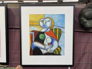 Artist unknown (in the style of Pablo Picasso), portrait of a woman reading. Oil painting on board