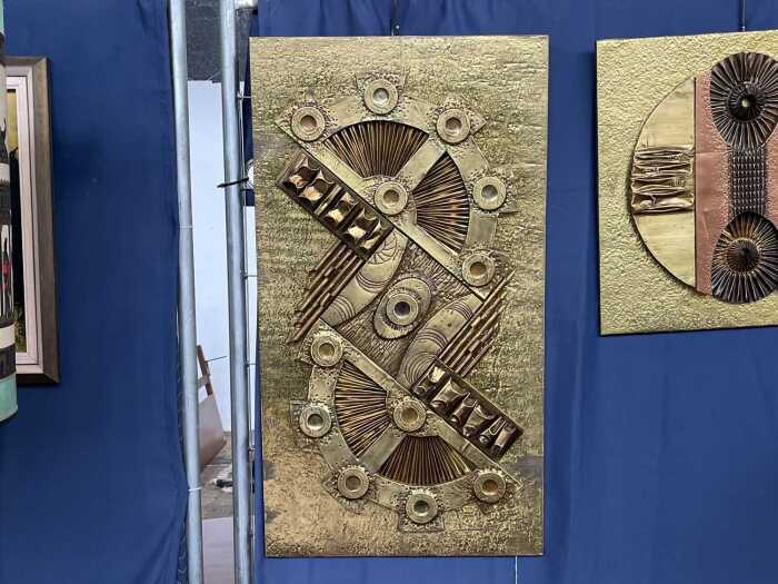 Mid-century hammered brass Brutalist wall sculpture