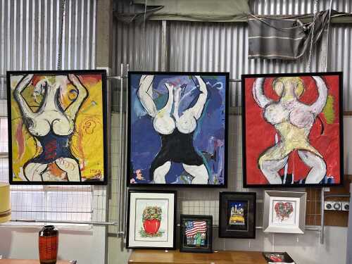 Artist unknown (Roar Studios), primary colour torso triptych, 1985 (3). Three oil paintings on canvas