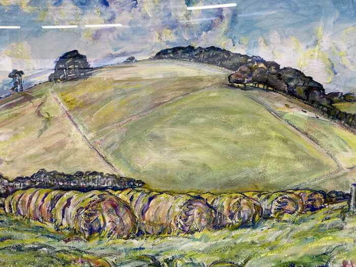 Betty Jungwirth, Hay Bales in Afternoon Light, Boolooroo, Red Hill. Watercolour and acrylic painting on paper