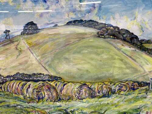 Betty Jungwirth, Hay Bales in Afternoon Light, Boolooroo, Red Hill. Watercolour and acrylic painting on paper