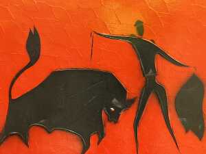 Neil Savage, (Matador with bull), retro enamel painting on board