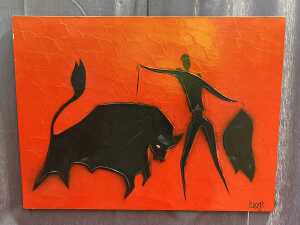 Neil Savage, (Matador with bull), retro enamel painting on board - 2