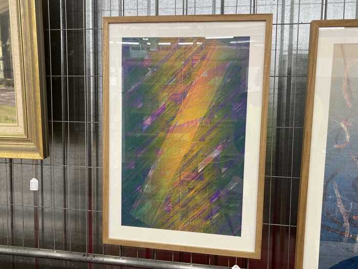 Ian Gardiner, attributed (1943-), minimal abstract in purple, green and yellow. Lithographic print on paper