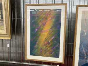Ian Gardiner, attributed (1943-), minimal abstract in purple, green and yellow. Lithographic print on paper