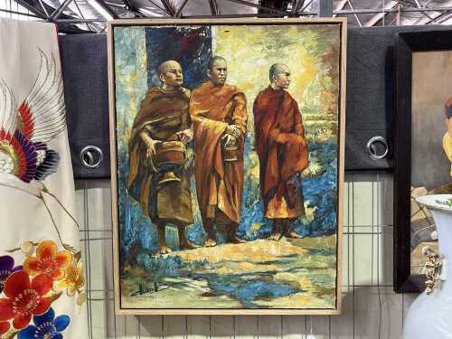 Chen Lin (China, Laos), three Buddhist monks. Oil painting on canvas