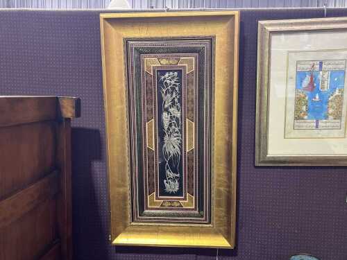 Persian etched copper panel surrounded by Khatam lacquered marquetry