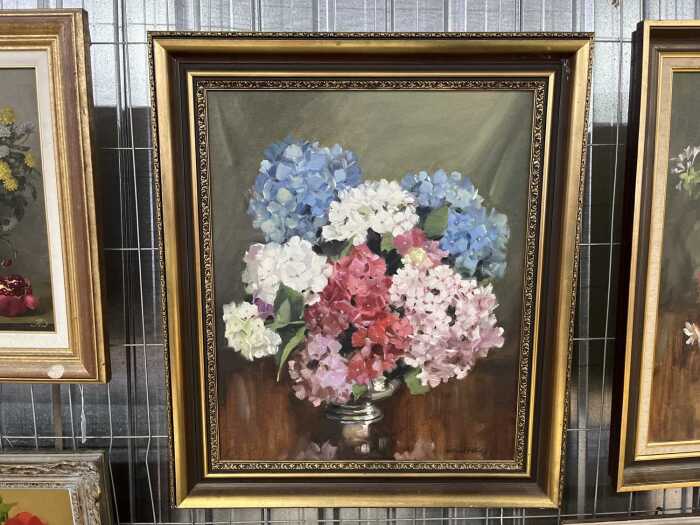 Dermont Hellier (1916-2006), Mixed Hydrangeas in Silver Bowl, oil painting on artists board