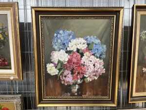 Dermont Hellier (1916-2006), Mixed Hydrangeas in Silver Bowl, oil painting on artists board
