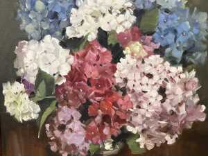 Dermont Hellier (1916-2006), Mixed Hydrangeas in Silver Bowl, oil painting on artists board - 2