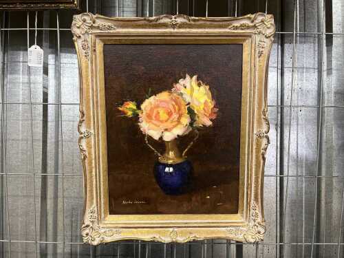 Shirley Bourne (1924-2006), Flowers in French Vase. Oil painting on board