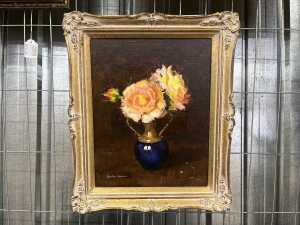 Shirley Bourne (1924-2006), Flowers in French Vase. Oil painting on board