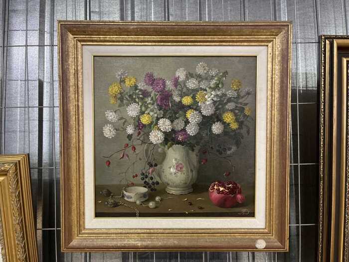 Lidia Datsenko (1948-), still life with flowers and pomegranate. Oil painting on linen