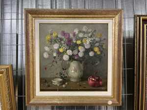 Lidia Datsenko (1948-), still life with flowers and pomegranate. Oil painting on linen