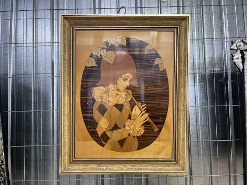 Vintage timber marquetry picture of Harlequin playing a flute