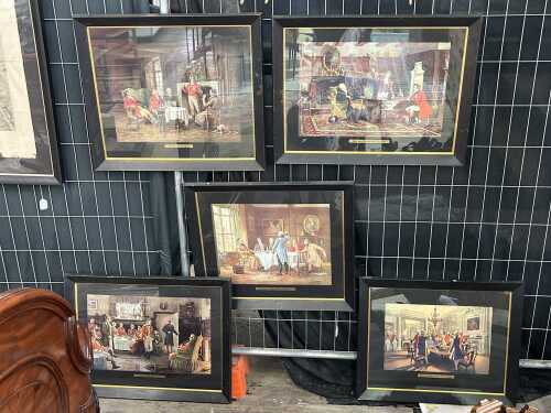 'The Gatherings of Gentlemen' group of five vintage prints framed in ebonised timber and mounted to match