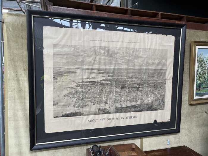 Antique etching on paper of a bird's eye view of Sydney, New South Wales c. 1884