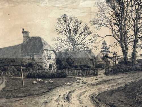 Frederick Alfred Slocombe (1847-1920), thatched cottage with geese, 1885. Antique etching on paper