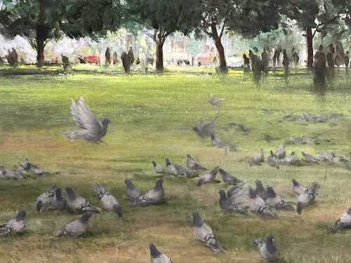 Ronald Clayton Skate (1913-1991), Pigeons in Park, Adelaide. Oil painting on board