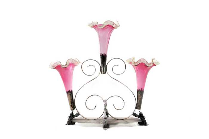 Victorian silver-plated three-trumpet epergne with pink and uranium glass
