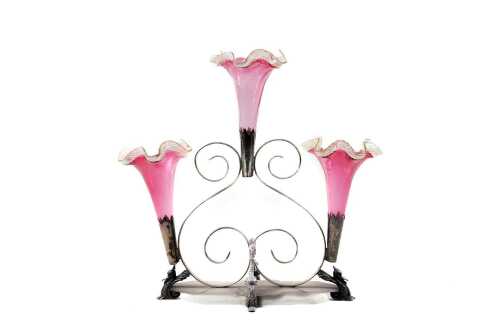 Victorian silver-plated three-trumpet epergne with pink and uranium glass