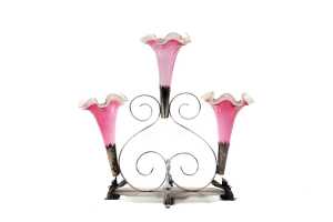Victorian silver-plated three-trumpet epergne with pink and uranium glass