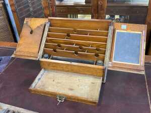 Antique oak desktop stationery compendium with brass fittings - 2