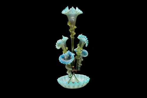 Victorian uranium glass epergne with ruffled edges in blue