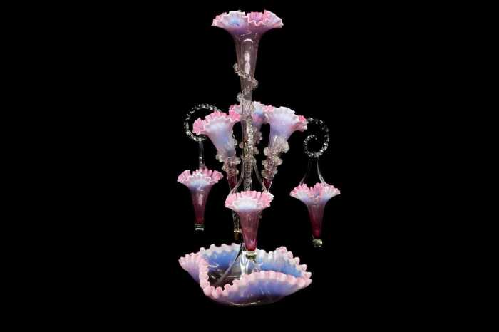 Victorian four trumpet, three basket glass epergne