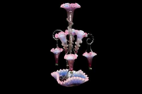 Victorian four trumpet, three basket glass epergne