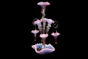 Victorian four trumpet, three basket glass epergne