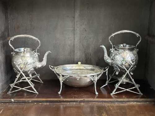 Pair of antique silver-plated spirit kettles and chafing dish with internal dishes and ivory knob