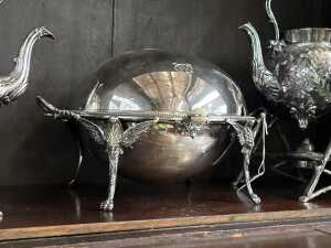 Pair of antique silver-plated spirit kettles and chafing dish with internal dishes and ivory knob - 2